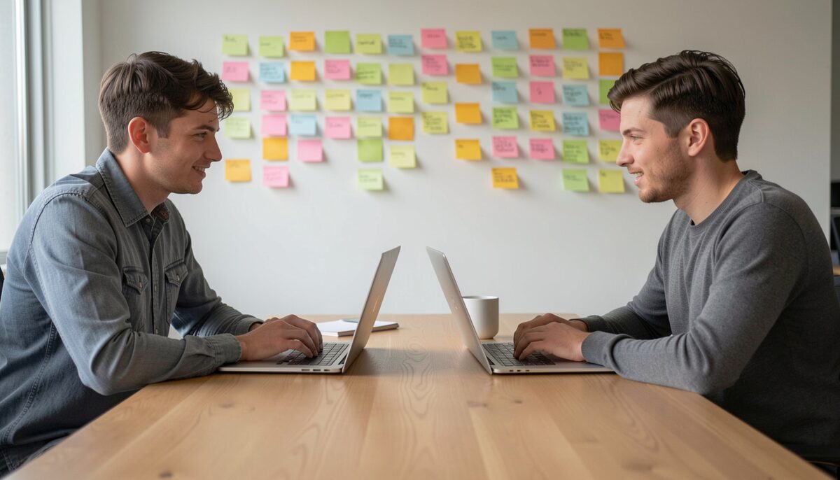 Two teammates weigh laptop options before settling on the tools their project needs.