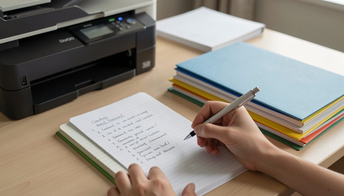 Drafting numbered steps on a notepad turns a task into a process anyone can follow.